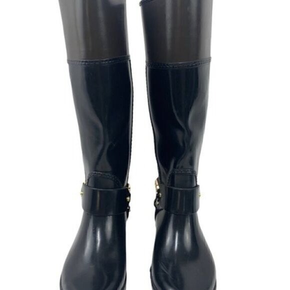 Michael Kors Fulton Harness Glossy Rubber Boots w/Gold Logo Black/Brown, Size 6 - Picture 10 of 11